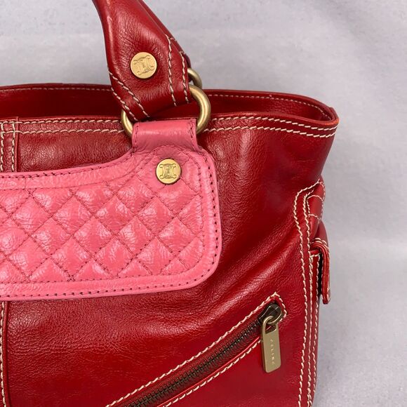 Celine Red Leather Satchel Bag Pink Quilted Detail Designer Purse Classic Luxury - Picture 9 of 9